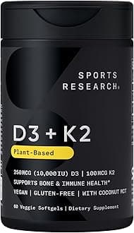 Vitamin D3 + K2 with 10,000iu of Plant-Based D3 & 100mcg of Vitamin K2 as MK-7 | Non-GMO Verified & Vegan Certified 60ct