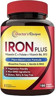 Doctor's Recipes Iron Supplement for Women Men - Gentle Iron Bisglycinate with Vitamin C, B6, Folate & B12, Stomach Friendly Iron Pills, 180 Vegan Caps