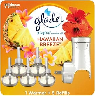 PlugIns Refills Air Freshener Starter Kit, Scented and Essential Oils for Home and Bathroom, Hawaiian Breeze 3.35 Fl Oz, 1 Warmer + 5 Refills