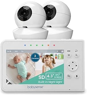 Babysense Video Baby Monitor with 2 Cameras, 4.3 Inch No Wifi Baby Monitor with 480p Split Screen, White Noise, Night Vision, Adjustable Night Light, Two-Way Audio, Zoom