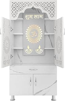 - SHLOK Pooja Mandir for Home with Led Light Engineered Wood Home Temple (Height: 130, Pre-Assembled)