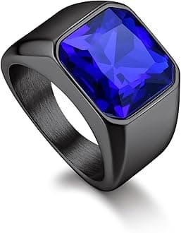 Gemstone Signet Rings for Men, Stainless Steel Fancy Cut Cubic Zirconia Rings Blue Topaz/Emerald/Black Onyx/Ruby Ring Statement Ring Wedding Ring Size 7-14