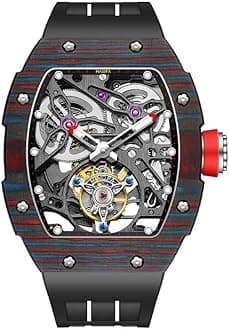 Tourbillon Mechanical Watch for Men Automatic Skeleton Watch Self-Winding Carbon Fibre Watch Sapphire Waterproof Luminous 72H Power Reserve Men's Watch 1901-1