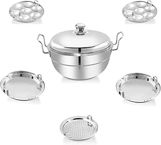 MB BROTHERS Stainless Steel Multi Kadai Idli Cooker Steamer with Copper Bottom All-in-One Big Size dhokla Cooker - 5 Plate 2 Idli - 2 Dhokla - 1 Patra - Momo Steamer (STEEL)