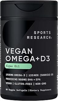 Vegan Omega-3 with Vitamin D3 Softgels - 1020mg Omega-3 & 5000iu D3 Supplement - Fish Oil Alternative with Vitamin D Plant-Based Support from Algae Oil - 60 Veggie Softgels for Adults