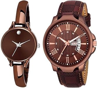 Leather Analogue Unisex Couple Combo Watch For Men & Women (Brown Dial & Colored Strap) -W246-236Br, Brown Band