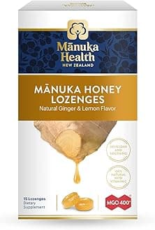 Manuka Health Manuka Honey Lozenges – 15 Lemon and Ginger Flavored Lozenges – Natural Throat Lozenges Infused with Raw Manuka Honey and Vitamin C for Immune Support