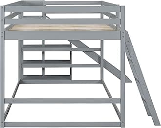 Harper & Bright Designs Full Over Full Bunk Bed with Slide, Bookshelves and Ladders, Solid Wood Low Bunk Bed Frame for Kids Girls Boys (Gray)