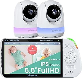 Babysense 5.5” 1080p Full HD Split-Screen Baby Monitor, Video Baby Monitor with 2 Cameras and Audio, 6-Color RGB Night Light, 1000ft Range, Two-Way Audio, 4X Zoom, 5000mAh Battery