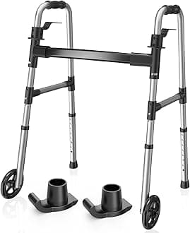 Loyoda Folding Walker with 2 Skis and 5" Wheels, Lightweight Walkers for Seniors and Adults, Supports Up to 350 Pounds, Adjustable Height, Compact Standard Walker, Black