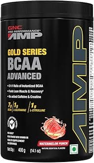 GNCAMP Gold Series BCAA Advanced | 400 gm | 30 Servings | Fastest Muscle Recovery | Maximized Workout Performance | Formulated In USA | 7g BCAA | 1g L-Glutamine | 1g L-Citrulline | Watermelon Punch