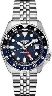 SSK003 Automatic Watch for Men - 5 -Sports - Blue Dial with Date Calendar and Luminous Hands & Markers and Black & Blue GMT Bezel, 100m Water-Resistant