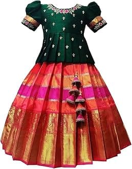 Girls Polyester Blend New South Indian Traditional Pattu Pavadai Jecquard Readymade Lehenga Choli Dress