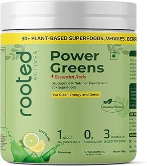 - Rooted Actives Power Greens + Essential Reds | Daily Nutrition Powder with 30+ Plant-Based Greens, Vegetables & Fruits | With Vitamins, Minerals, Probiotics & Digestive Enzymes | Zero Added Sugar | Lemon Lime Flavour | 250 g