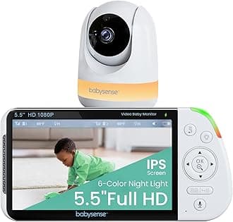 Babysense 5.5” 1080p Full HD Split Screen Baby Monitor, Video Baby Monitor with Camera and Audio, PTZ Camera, RGB Night Light, 1000ft Range, Two-Way Audio, 4X Zoom, 5000mAh Battery