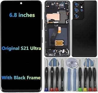 6.8" AMOLED Original for Samsung Galaxy S21 Ultra Display Touch Screen Digitizer Assembly S21ultra 5G G998U G998U1 G998W G998B G998B/DS LCD Screen Replacement (with Black Frame + Back Cover+Tools)
