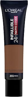 L'Oreal Paris Foundation, Infallible Matte Cover 24hour 355 Sienna, Sweat-proof, Heat-proof, Transfer-proof and Water-proof, SPF 18, 30 ml