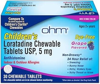 - Ohm Children's Allergy Medicine, Loratadine 5mg, Chewable Tablets (30 Count) Grape Flavor, Non-Drowsy Antihistamine, 24-Hour Allergy Relief for Runny Nose, Watery Eyes, Itchy Throat & Nose