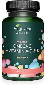 Vegavero Vegan Omega 3 + ADEK Vitamins | NO Additives | 60 Capsules | Algae Oil DHA & EPA | Lab-Tested