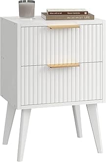 YAUKOMEL Fluted Nightstand with 2 Drawers,Modern Bedside Table with Metal Handles,White Side Table with Solid Wood Legs,Mid Century End Table for Living Room,Bedroom,White CTG55W