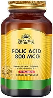 Sunshine Nutrition Folic Acid 800 Mcg | Contains Vitamin B9 | Supports Pre & Early Pregnancy | Supports Healthy Function Of Body | 100 Tablet