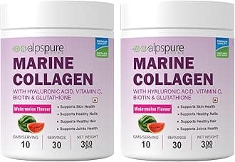 Nutra Marine Collagen/Fish Collagen Powder (Pack of 2-300 G Each) with Hyaluronic acid, Vit C, Biotin & Glutathione | Supports Healthy Skin, Hair, Nails & Joints | Watermelon Flavour