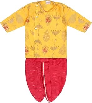 superminis Boy's Golden Foil Printed Side Open Cotton Kurta, Round Collar, Full Sleeves With Cream Color Dhoti Clothing Set