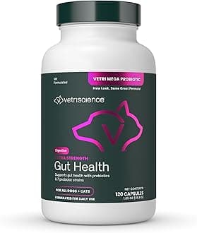 Extra Strength Gut Health Easy-Open Capsules, Mega Probiotic and Prebiotic Digestive Supplement for Dogs and Cats, for Diarrhea and Immune Support, 7.5 Billion CFU Per Capsule, 120 Count