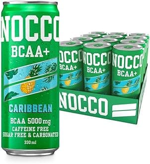 NOCCO Sugar Free Energy Drink – BCAA, Enriched with Amino Acids & Vitamins, Ideal for Pre Workout – 12 x 330ml (Caribbean BCAA+)