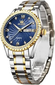 OLEVS Watches for Men Gold and Silver Day and Date Male Watch Designer Luxury Diamond Dress Roman Numerals Large Dial Easy Read Quartz Watch Men's Gifts Waterproof Gold Blue Green White Dial