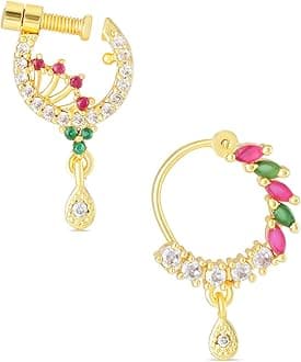 Yellow Chimes Nose Pin for Women Gold-Plated White and Pink AD Studded Nose Pins for Women and Girls…