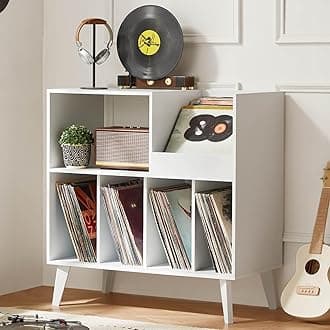 LELELINKY Large Record Player Stand, Turntable Stand with Storage, Vinyl Record Holder with Display Area, Record Player Table Holds Up to 300 Albums, Record Stand for Music Room Living Room-White