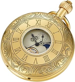 TiongVintage Mechanical Pocket Watch Unique Tourbillon Moon Phase Roman Numerals Scale Double Hunter Pocket Watches & Gift Box
