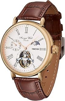 Men's Automatic Watch Navigator-Series Tourbillon-Style Dual Time Zone Business Calendar Mechanical Watch Leather Strap