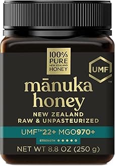 - Manuka Honey UMF 22+ MGO 970+ 100% Pure New Zealand Certified Ultra Premium Raw 8.8 oz (250 g)