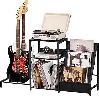 LELELINKY Record Player Stand, Black Adjustable Guitar Stand for Acoustic Guitar, Electric Guitar, Bass, Turntable Stand with Vinyl Display Shelf Storage Up to 150 Albums, End Table for Music Room