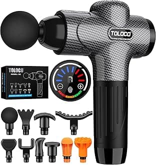 TOLOCO Massage Gun, Back Massager 10 Replacement Head for Pain Relief Deep Tissue, Percussion Massage Guns 7 Speed Level Super Quiet Electric Massager Mothers Day Gifts, Carbon