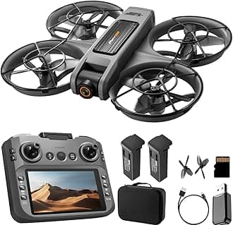 RC Drone with Screen Display Remote Control (4.92in), Airplane Helicopter With UHD Dual Camera, Brushless Motor, Optical Flow Hovering, 360° Propeller Guard, 6-Axis Gyro, Headless Mode, One-Key Takeoff/Landing, 3-Speed Adjustable, 50X Zoom, Gesture Control, Trajectory Flight, Night LED, 2Batteries, 8GB Card, Beginner-Friendly FPV Remote Control Hobby Plane Copter Quadcopter (Black)