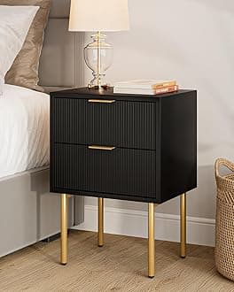 Nightstand,Mid-Century Modern Bedside Table with 2 Storage Drawer,Small Gold Frame Side End Table for Bedroom,Living Room, Black