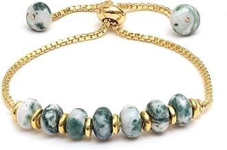 Gempires Moss agate Bolo Bracelet, Beaded Bohemian Bracelets,14k Yellow Gold, Adjustable Bracelets For Women