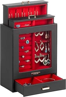 Homde Jewelry Organizer Girls Women Jewelry Box for Necklaces Rings Earrings Gift Bracelets Storage Case (Black + Red + Gold)