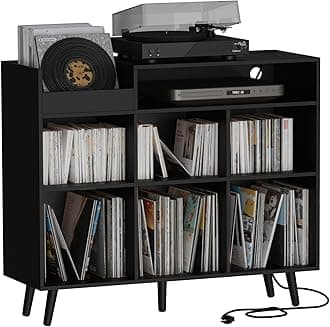 Cozy Castle Large Record Player Stand with Vinyl Storage Cabinet, Wood Turntable Table Open Shelf Holder Up to 500 Albums Cube Storage Organizer for Living Room, Office, Black