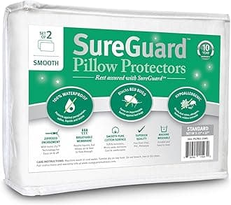 Set of 2 Standard Size SureGuard Pillow Protectors - 100% Waterproof, Bed Bug Proof, Hypoallergenic - Premium Zippered Cotton Covers - Smooth