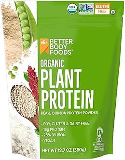BetterBody Foods Organic Plant Based Protein Powder, 16g of Protein 24% DV, Vegan, Low Net Carbs, Gluten Free, Dairy Free, No Sugar Added, Soy Free, Non-GMO, 12.7 Ounces