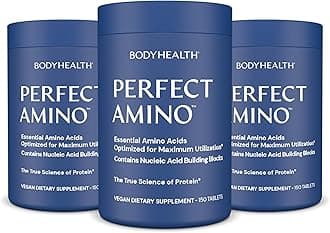 BodyHealth PerfectAmino Tablets, (3-Pack) Essential Amino Acid with BCAAs + Lysine, Phenylalanine, Threonine, Methionine, Tryptophan, Supplement for Muscle Mass Production, Recovery & Strength