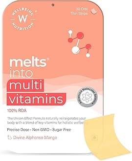 Melts Plant Based Multivitamin for Men & Women with 100% RDA of Vitamin A, Vitamin B-Complex, Vitamin C, D3 + K2, Ashwagandha & Ginseng for Immunity & Energy (30 Oral Strips)