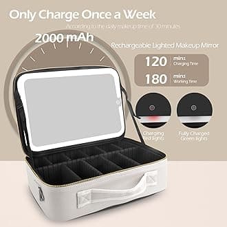 MOMIRA Travel Makeup Bag Cosmetic Bag Makeup Organizer Bag with Lighted Mirror, Adjustable Brightness in 3 Color Scenarios, Waterproof Makeup Train Case, Gift for Women - Khaki (Large), Khaki, L