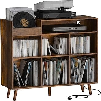 Large Record Player Stand with Vinyl Storage Cabinet, Wood Turntable Table Open Shelf Holder Up to 500 Albums Cube Storage Organizer for Living Room, Office, Rustic Brown
