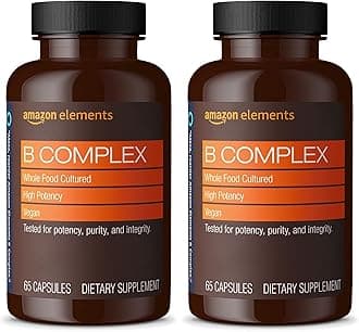 Amazon Elements B Complex, High Potency, 83% Whole Food Cultured, Supports Immune and Normal Energy Metabolism, Vegan, 2 Month Supply (Packaging May Vary),65 Capsules (Pack of 2)