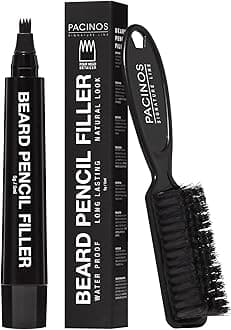 Pacinos Beard Pencil Filler - Water Proof, Long Lasting Coverage & Natural Finish - Beard, Moustache & Eyebrows - Micro-Fork Tip for Seamless Application - Includes Bristle Brush for Blending (Black)